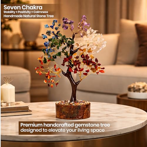 Image of Crystal Tree of Life 7 Chakra Healing Stones Bonsai Decor with Manifestation Card | Handmade Spiritual Gift | Reiki Energy Balancing Home Decor