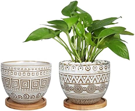 G EPGardening 5.5in Geometry Ceramic Planter Large Round Succulent Planter Flower Pot Indoor and Outdoor Brown Set of 2