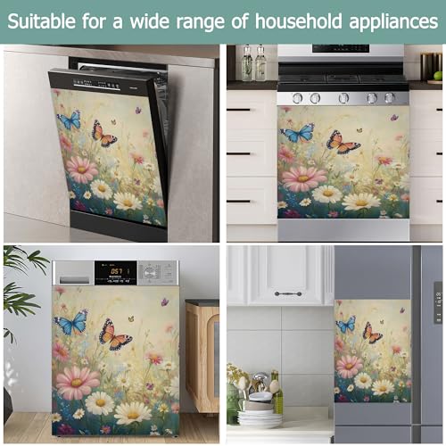 Image of Spring Wildflowers Dishwasher Magnets Decorative Cover,Pink Blue Butterfly Waterproof Magnetic Dishwasher Cover Panel,Refrigerator Magnet Cover for Kitchen Home Decor 23x26 Inch