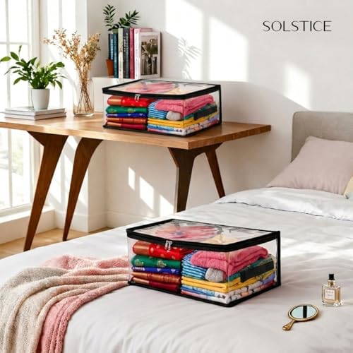 Image of SOLSTICE Transparent Storage Bags for Clothes, Saree Cover Organizer, Waterproof PVC Storage Bag, Wardrobe Clothes Organizer for Small Blankets, Bedsheets, Toys & Documents (Pack of 4)