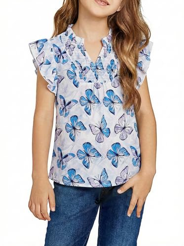 Image of Haloumoning Girls Ruffle Short Sleeve Floral Chiffon Blouses Kids Summer Shirts Tops 5-14 Years