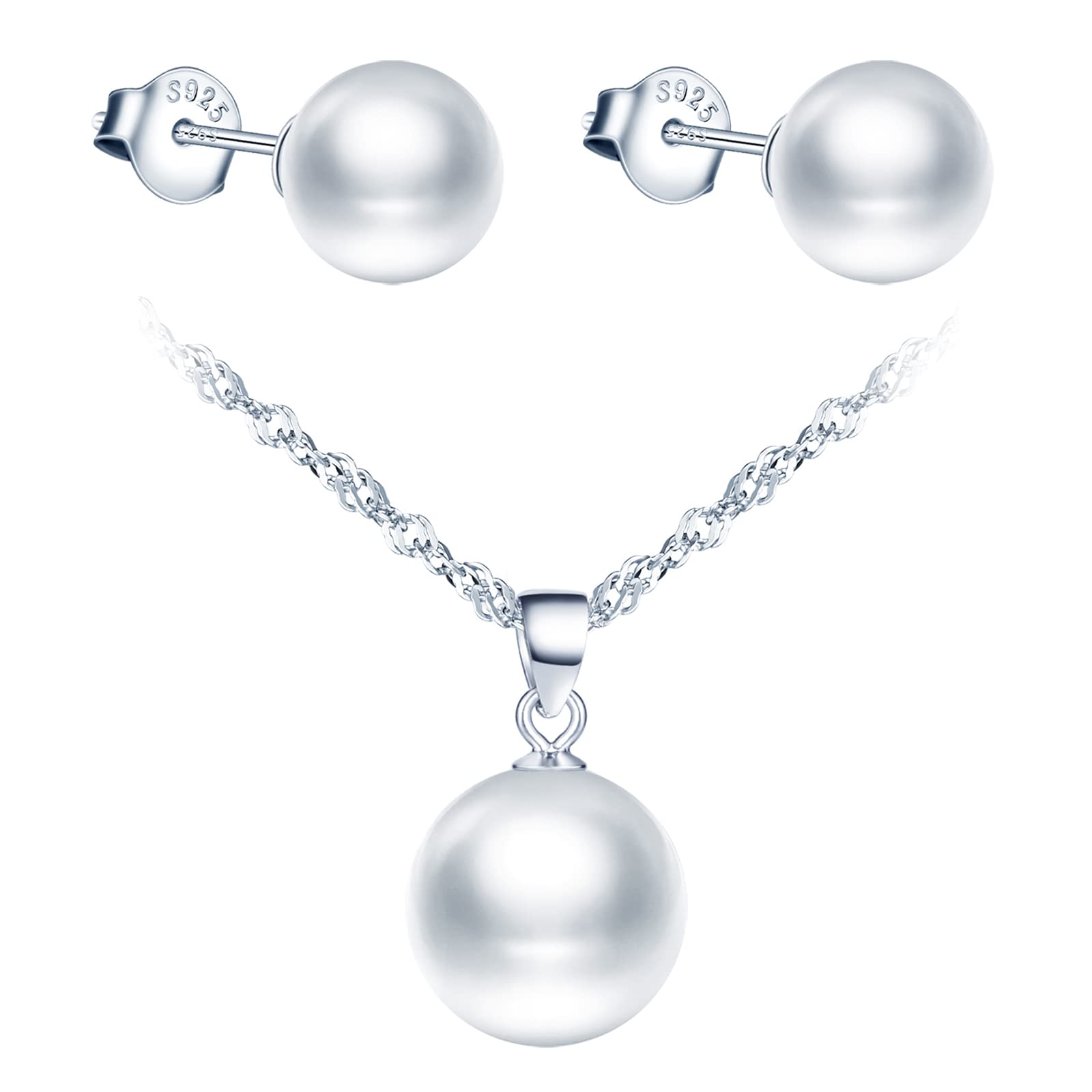 CPSLOVE Collares y Pendientes para mujer y niña, Juegos de joyas de plata 925, Collar Colgante de perlas cultivadas de agua dulce, con cadena de 45cm, Pendientes de perlas, plata