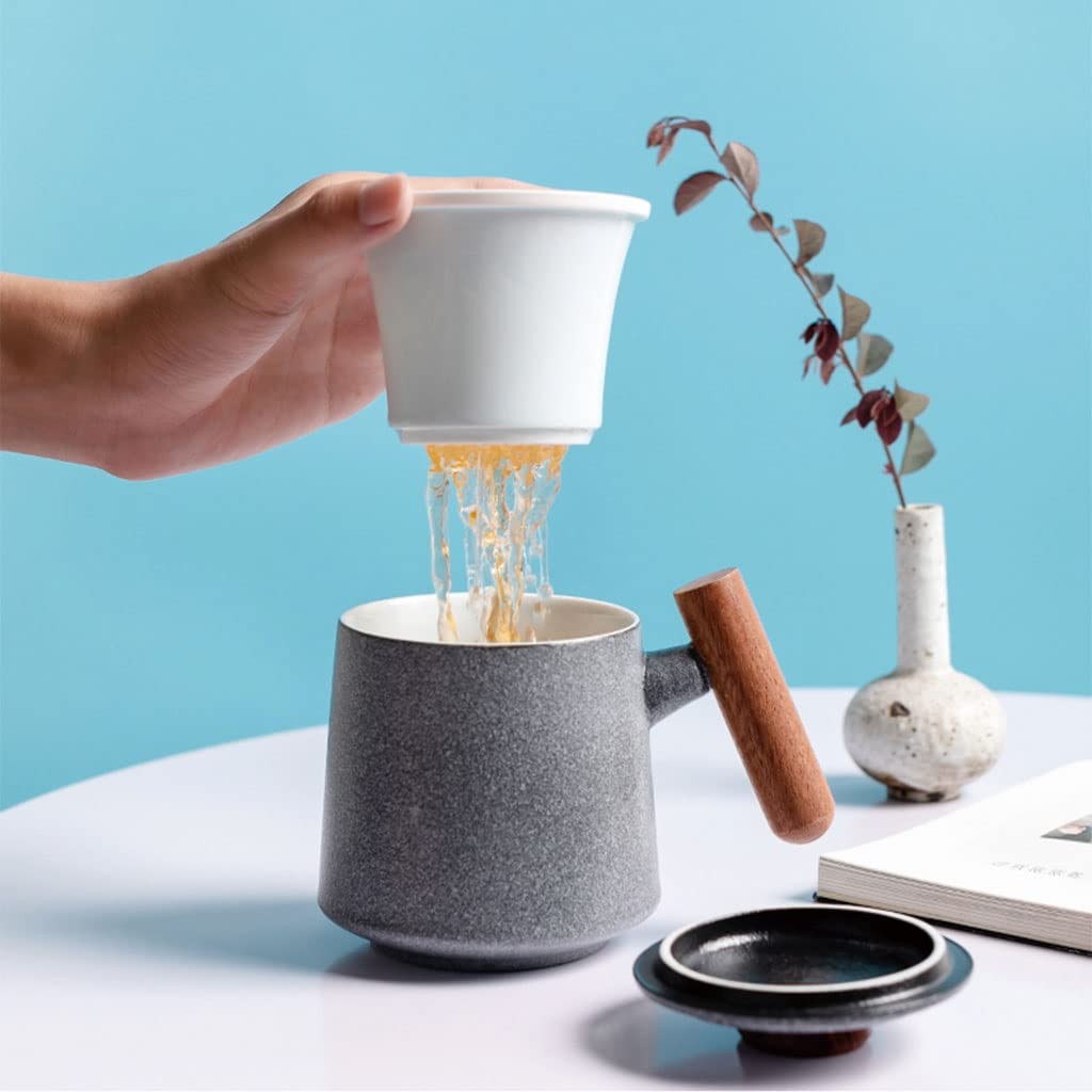 HSQMA Teebecher Mit Deckel, Keramik Teetasse Mit Deckel Porzellan Sieb Becher Aus Steinzeug Für Losen Tee Oder Teebeutel 400ml Keramik Teetasse Mit Holzgriff (Color : Blue)
