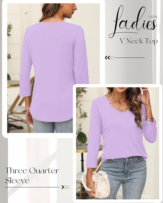 Image of Women's 3 /4 Sleeves Regular Fit V-Neck Cotton T-Shirt
