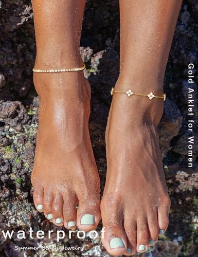 RLMOON Gold Anklets for Women CZ Ankle Bracelet 14K Gold Plated Waterproof Dainty Layered Tennis Heart Dot Chain Silver Clover Anklet Trendy Foot Jewelry4