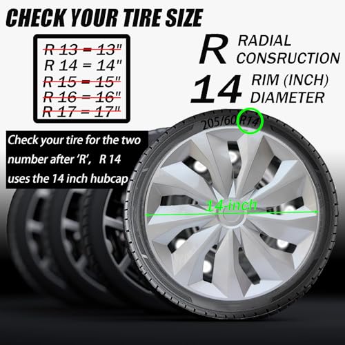 Image of Hubcap Wheel Cover Replacement R14 Hub Caps Universal-Fit Steel Wheel Rim Cover ABS Material Exterior Accessories for Car Truck SUV -Set of 4(14-inch,Silver)