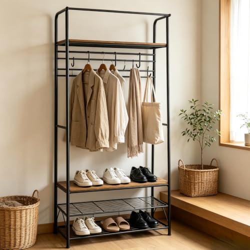 Entryway-Hall-Tree-with-Shoe-Rack-Industrial-Coat-Rack-Storage-Bench-Sturdy-metal-frame-6-staggered-hooks-hold-11-lbs-each-2-tier-shoe-shelf-fits-8-pairs-Quick-20-min-assembly