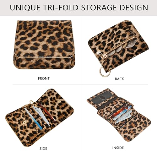 Image of Women Small Wallet RFID Blocking Slim Wallet with Coin Pocket Tri-Fold Credit Card Holder with ID Window and Keychain (Leopard)