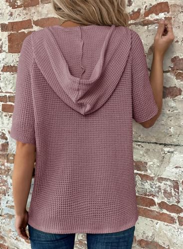 Image of Dokotoo Womens Summer Tops Waffle Knit Short Sleeve Lightweight Drawstring Hoodies Button V Neck Casual Blouses Shirts
