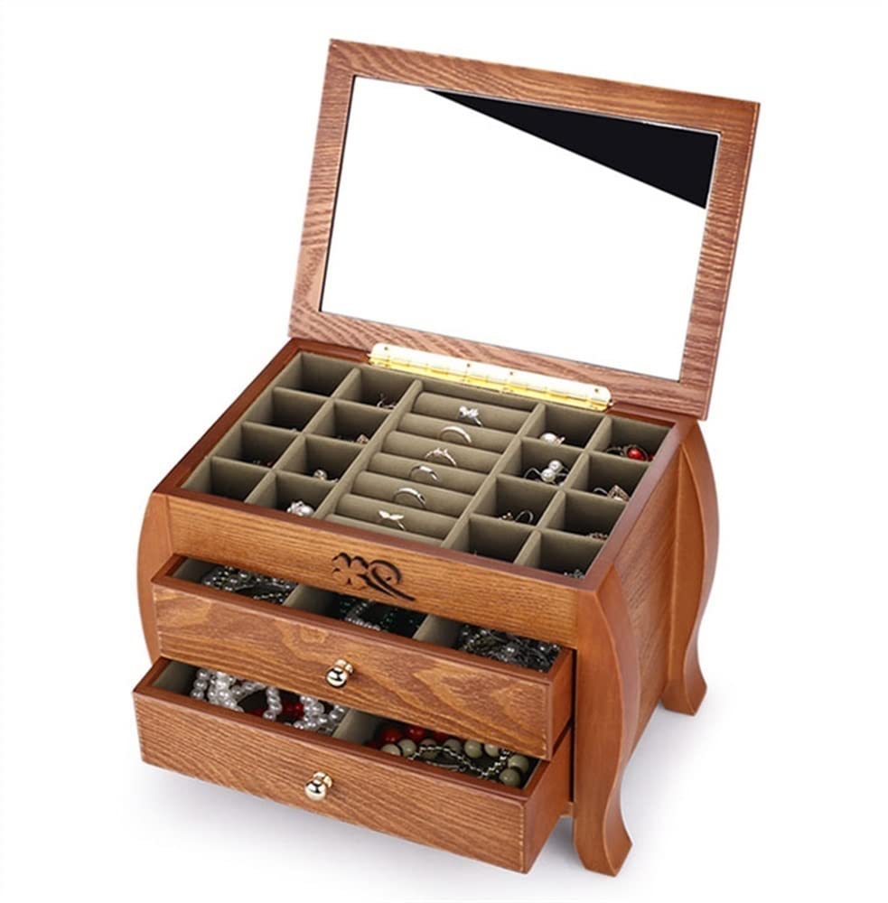 TIANQIHAO Wooden Jewelry Box For Women, Jewelry Organizer Box, Travel Jewelry Box, Portable Jewelry Case With Mirror For Necklaces, Earring, Rings