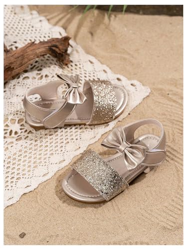 Verdusa Girl's Sparkly Dressy Sandals Summer Vacation Open Toe Flat Leather Bow Sandals3