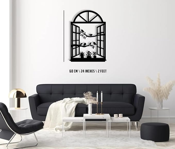 Image of KIING Decorative Window Metal Wall Art with Birds and Plants Design, Black