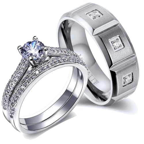 Couple Rings Matching Rings White Gold Plated 1CT AAA CZ 2pcs Women Wedding Ring Sets for Him and Her Rings Men Band