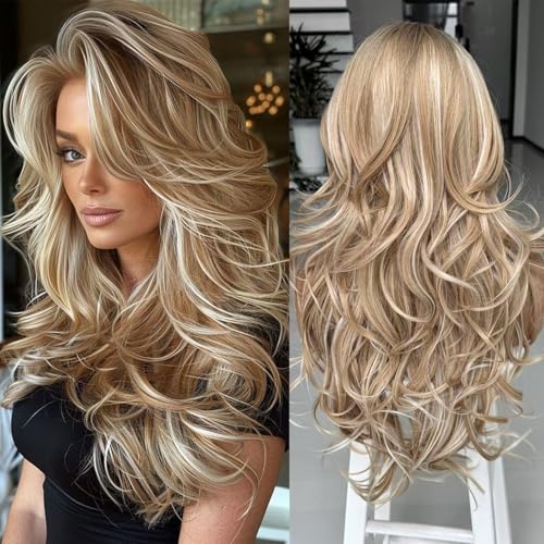 Aisaide Ombre Platinum Brown Highlight Wig with Bangs Long Wavy Layered Wig with Curtain Bangs for White Black Women,Synthetic Ombre Light Brown Layered Long Wavy Shaggy for Women 24inch