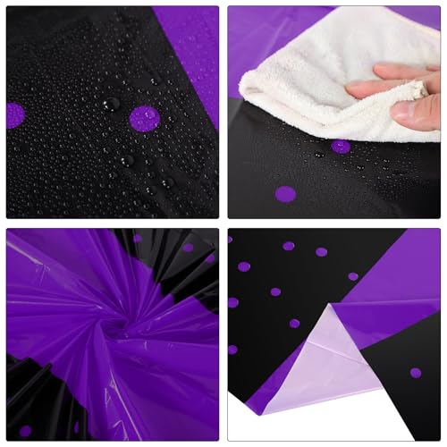 Image of Oudain 6 Pcs Purple and Black Tablecloth for Parties Plastic Dot Tablecloths Printed Table Runner Waterproof Disposable Rectangle Table Cover for Christmas Birthday Wedding Party, 54 inch x 108 inch