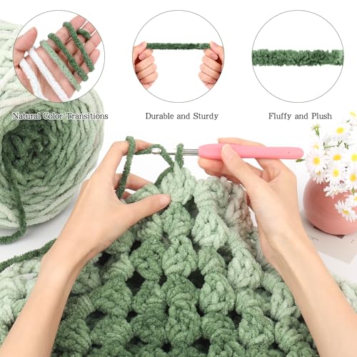 Image of Katech Ombre Cnenille Yarn for Crocheting-2 Pcs of 285g /10oz-6 Super Bulky | Fluffy Velvet Blanket Yarn for Knitting, Soft Fuzzy Phasing Cake Yarns for Baby Blankets, Throw Pillow, Plushies, Hat(Forest)