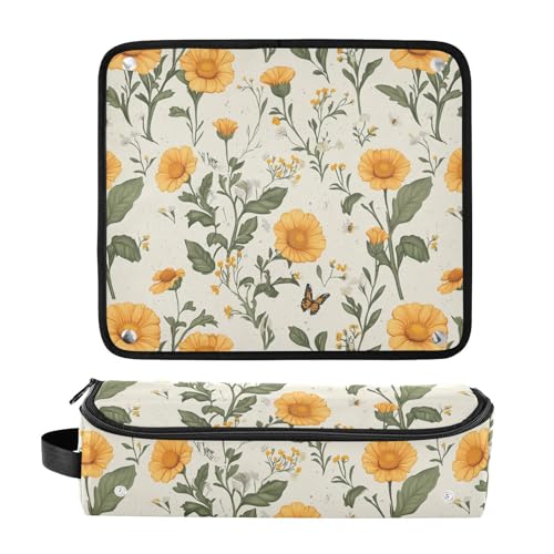 Estuche de viaje 2 en 1 para plancha rizadora Retro Yellow Flowers con tapete resistente al calor y cierre magnético impermeable, organizador portátil para planchas y rizadores miniatura 3