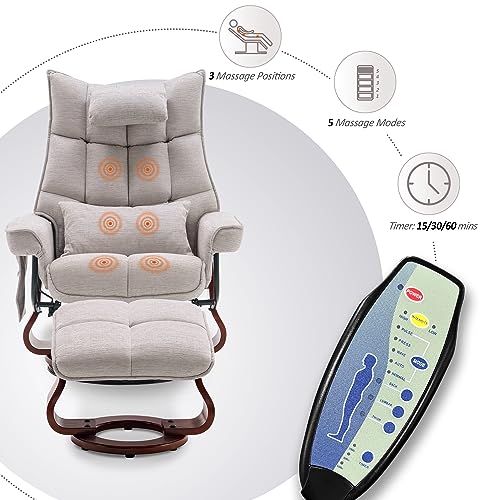 Mcombo Swivel Recliner With Ottoman, Massage Tv Chairs With Neck Pillow And Side Pocket For Living Reading Room, Chenille Fabric 4188 (Beige) #TOP3