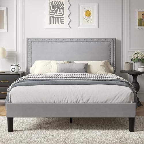 Image of VECELO Queen Size Platform Bed Frame with Height Adjustable Upholstered Headboard, Modern Mattress Foundation,Strong Wood Slat Support, No Box Spring Needed, Easy Assembly,Light Grey