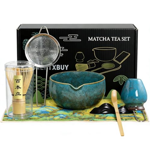 Matcha Set 7-teiliges, Komplettset Matcha Zubehör Set mit Keramik-Schale, Bambus-Besen & Sieb, Traditionelles Matcha Tee & Latte Set, Tolles Geschenk für Einsteiger und Liebhaber (Blau)