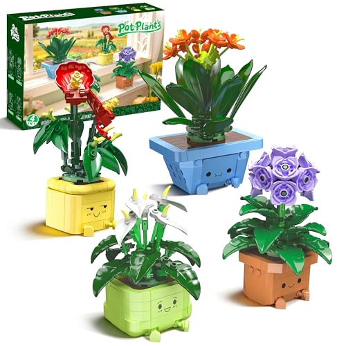 WIDELAND Botanicals Happy Plants Toy Flowers Bonsai Building Set 4 Artificial Colourful Flower Pots & Cartoon Faces Botanical Collection for Home&Office Desk DecorGift for Kids 8+