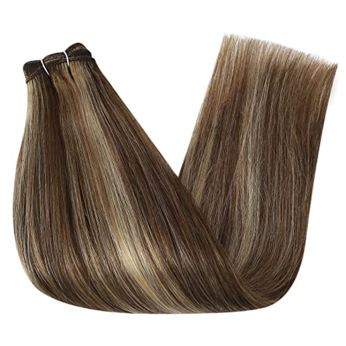 Image of Full Shine Invisible Weft Hair Extensions 120G 20 Inch Add Volume For Women | sew in Hair Extensions, Medium Brown Highlight Honey Blonde, Remy Hair Weft, Party Wear, Date Night
