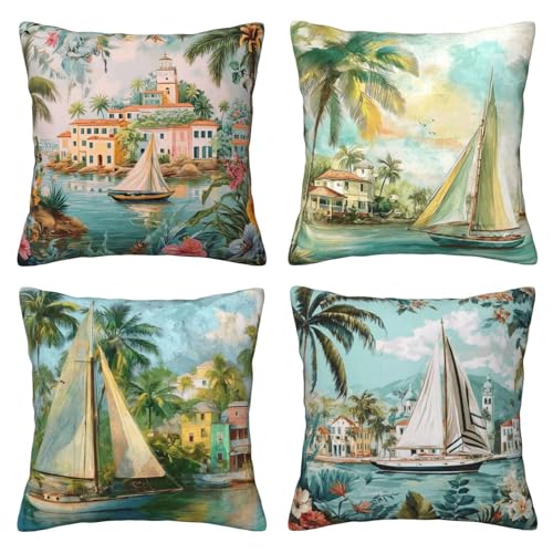 oyebn Vintage Sailing Throw Pillow Covers Set of 4 Decorative Soft Double Sided Print Pillow Case Farmhouse Home Decor for Living Room Sofa Couch 18x18