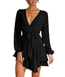 Women's Dress Deep V-Neck Long Sleeve Waist Tie Ruffle Mini Swing Skater Dresses