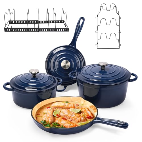 Denmay Emaille Gusseisen Kochgeschirr Set - 7-teiliges inkl. Dutch Oven, Bratpfanne, Schmortopf, Soßentopf, 3 Deckel, Backen Holländisches OfenSet für alle Herdarten geeignet mit Organizer, Marineblau