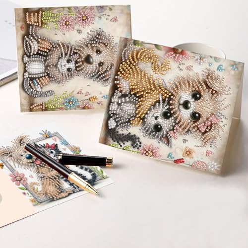 Image of 6 Pcs 5D Diamond Painting Greeting Cards Kits, Handmade Festival Greeting Cards with Envelopes DIY Diamond Art Crafts Birthday Cards Laser Effect for Birthdays Holidays Celebrations (Cat Dog Cuddling)