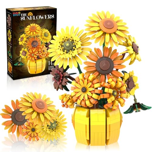 Mavo brix Set da costruzione di fiori per adulti, stampe artistiche di Van Gogh, collezione botanica per donne e ragazze dai 14 anni in su, kit di piante per bouquet di girasoli, compatibile con fiori