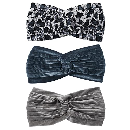 Artilady 3 Pack Velvet Headband for Women-Wide Thick Headbands Soft Stretch Leopard Winter Head Band for Women Hair Accessories