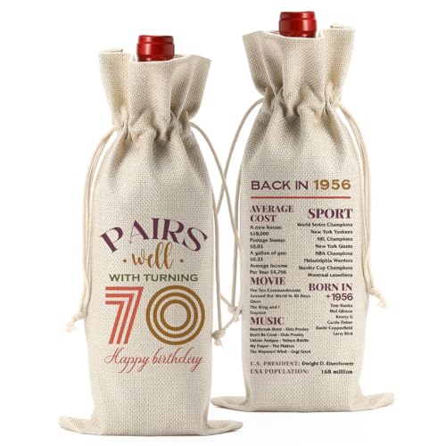 Cadeau 70e anniversaire : sac à vin en toile pour décoration de table de fête