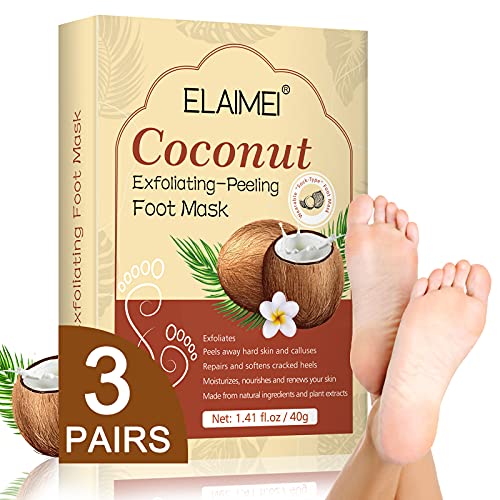 Foot Peel Mask Coconut - For Cracked Heels, Dead Skin Calluses - Removes & Repairs Rough Heels, Dry Feet, Make Your Feet Baby Soft - Natural Exfoliating Peeling Foot Mask 3 Pairs