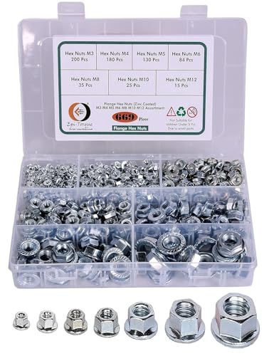Image of Zinc Coated Flange Head Hexagonal Nuts 7 Sizes M3, M4, M5, M6, M8, M10, M12 Pack of 669 Pcs Assortment