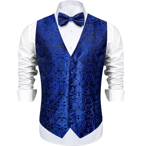 Image of DiBanGu Mens Paisley Suit Waistcoat,Silk Dress Vest and Bowtie Pocket Square Cufflinks with Lapel Pin Set for Wedding Tuxedo