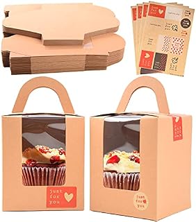 KEYIDO 50pcs Single Cupcake Boxes, Brown Paper Kraft Individual Cupcake Box Muffins Boxes 1 Hole Fairy Cake Box with Clear Window Handle and 4 Pcs Stickers Great for Wedding Party Baby Shower Favors