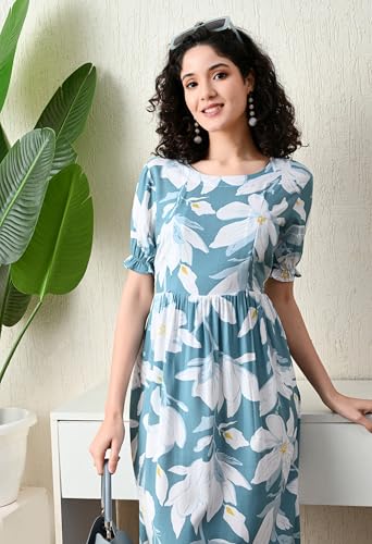Image of Ichaa Women's Aqua Rayon Printed Maternity Dress with Feeding Zips and Pocket, in Plus Sizes
