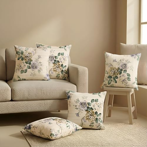 Image of Clasiko Cotton Cushion Covers 22x22 - Set of 5 Decorative Cushion Covers, Lilac Fleur, Soft Cotton, Hidden Zip, Sofa & Bedroom Decor