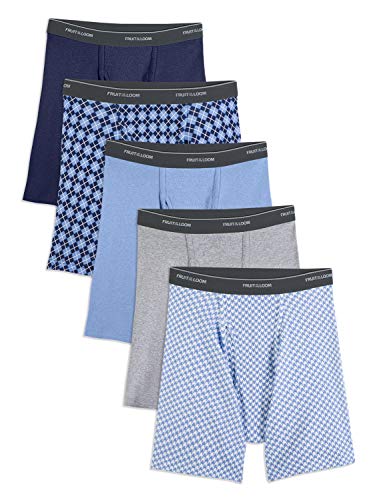 Fruit of the Loom Men's No Ride Up Boxer Brief, Prints and Solids (5-Pack), Medium