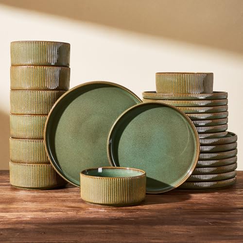Image of 24-Piece Dinnerware Set Service for 8, Famiware Premium Stoneware Dish Set with Ribbed Plates and Deep Bowls, Double Reactive Glaze, Chip & Scratch Resistant, Microwave & Dishwasher Safe, Moss