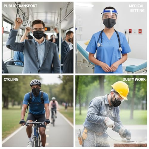 Disposable Black Face Masks: 3 Ply High Filtration & Dustproof Mouth Cover Covering – Protective Breathable Masks For Men Women – Outdoors Indoors Workplace Shops - Image 5