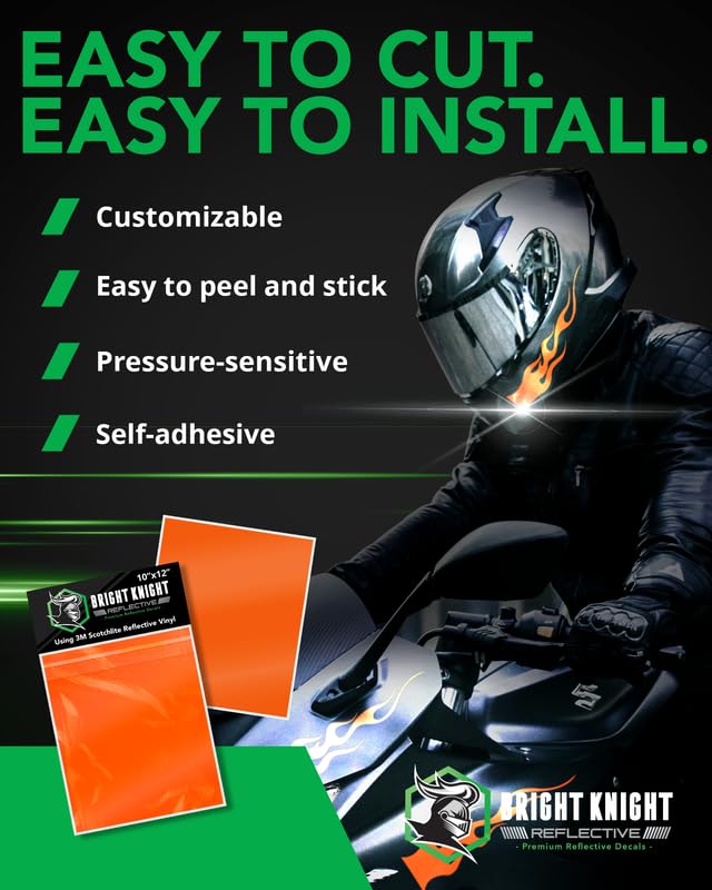 Image of Bright Knight Decals Orange 3M Reflective Tape - 10x12 Flat Sheet Vinyl Motorcycle Helmet Stickers, Waterproof Safety Vinyl Wrap, Reflective Stickers for Helmet, Hard Hats, Cars, Bikes & Rims