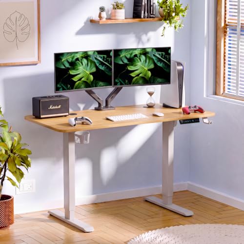 Image of V ONE Electric Standing Desk with 1-Piece Solid Top | Heavy Duty Height Adjustable Computer Desk | 3 Memory Preset | 5 Year Warranty | for Home Office (Maple Fusion, 140 * 60 CM)