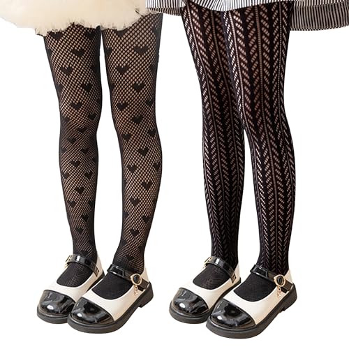 LOLANTA Girls Lace Tights Kids Sheer Patterned Fishnet Stockings 2 Pack Hollow Dance Pantyhose