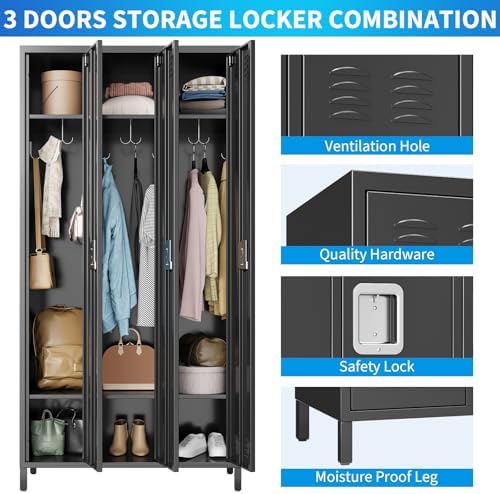 GarveeHome 3-Door Metal Locker with Lock 71 Inch High, Heavy Duty Storage Locker for Employees School Office Gym Home Garage, Multi-Use Industrial Locker Cabinet, Easy Assembly, Black - 4