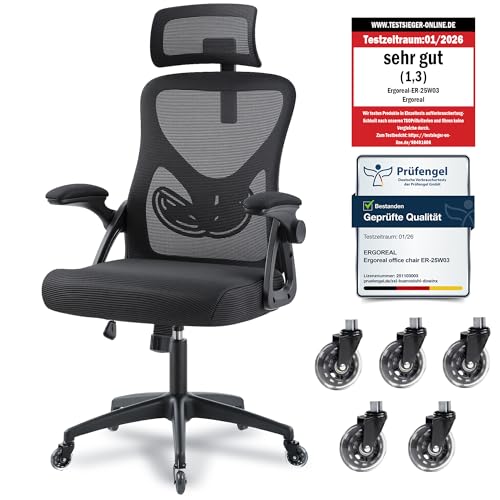 Ergoreal Ergonomischer Mesh‑Bürostuhl für Home Office, mit Verstellbarer Lendenstütze & 2D‑Kopfstütze, klappbare Armlehnen, leise PU‑Rollen, stabile Gasfeder Klasse 3, bis 140 kg(Tiefe Schwarz)