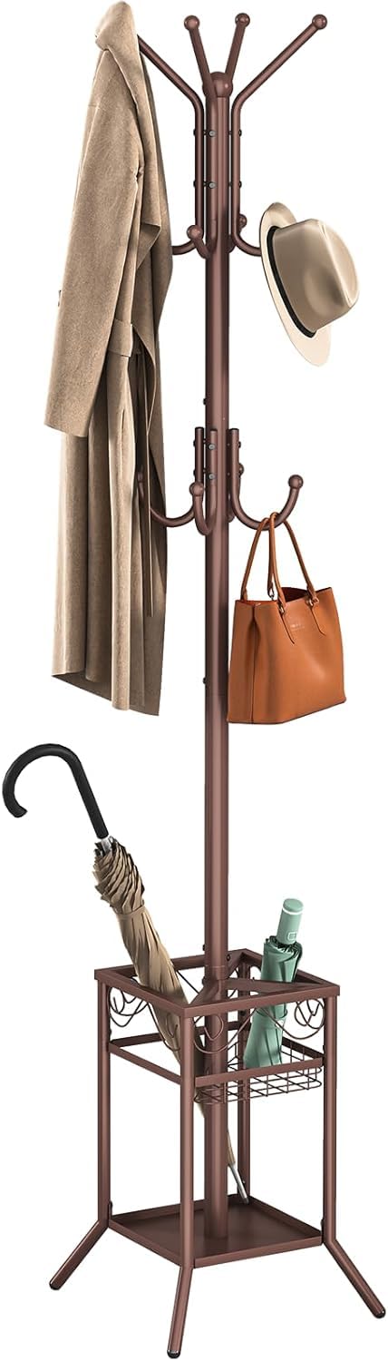 ELYKEN Coat Rack Freestanding, Entryway Hanger Stand, Umbrella Holder, Hall Tree With 12 Hooks, Floor Standing Metal Tree Stand, Bronze