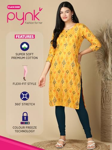 Image of Lux Cozi PYNK Solid Premium Cotton Lycra Churidar Leggings for Women | Regular Fit Elastic Waist Full Length Women Leggings | Free Size