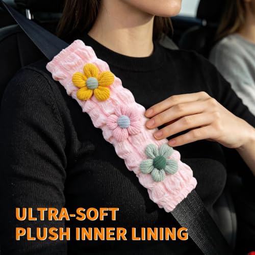 Image of Cute Pink Flower Seat Belt Cover Pads for Women Girls - Soft Plush Seatbelt Cushion, Fun Car Accessories (2, Woolen Flower Pink Seersucker Pad)